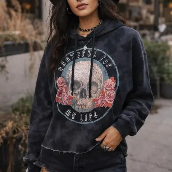 Peace Love World Grateful Skull Hoodie Charcoal Tie Dye Sz M Boho Grunge Casual - Picture 2 of 8